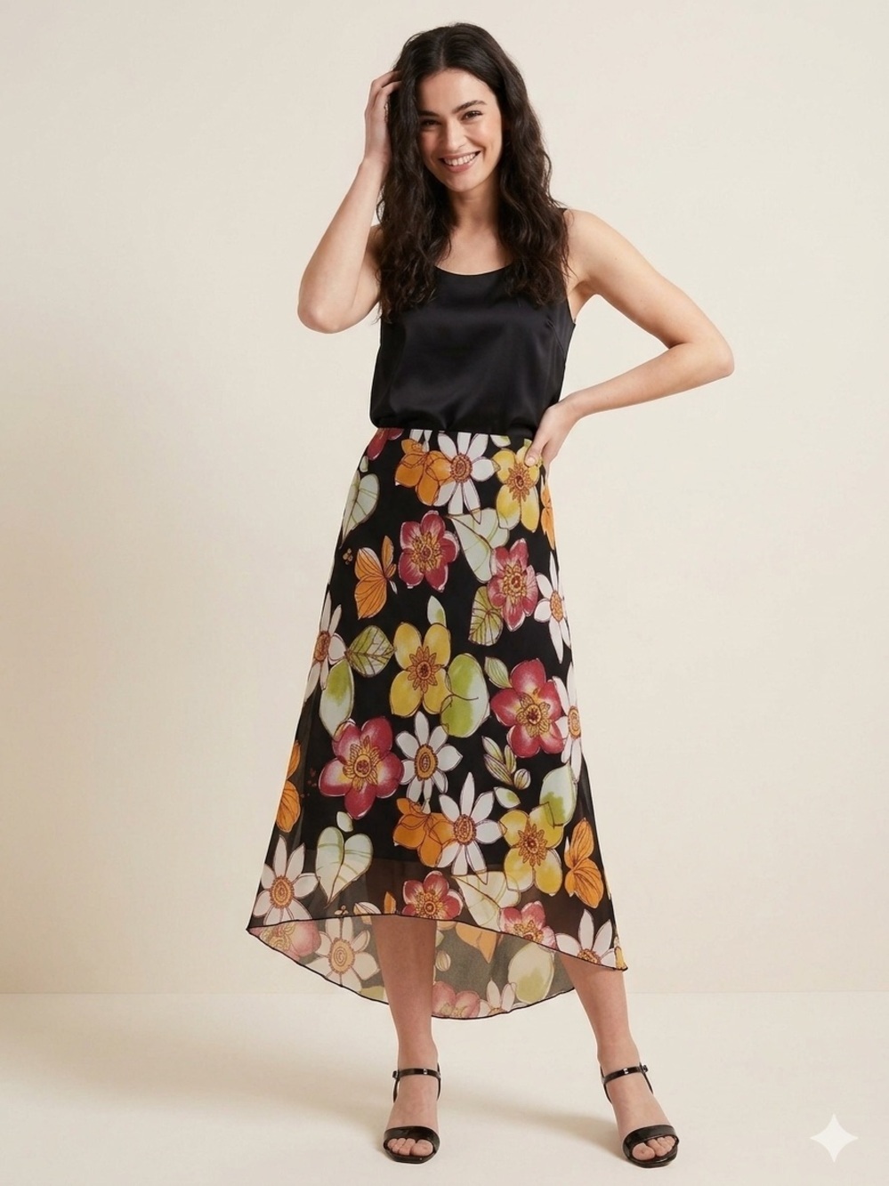 Reitmans Black High-Low Floral Skirt Yellow, Red, White Green Flowers sz11 y2k